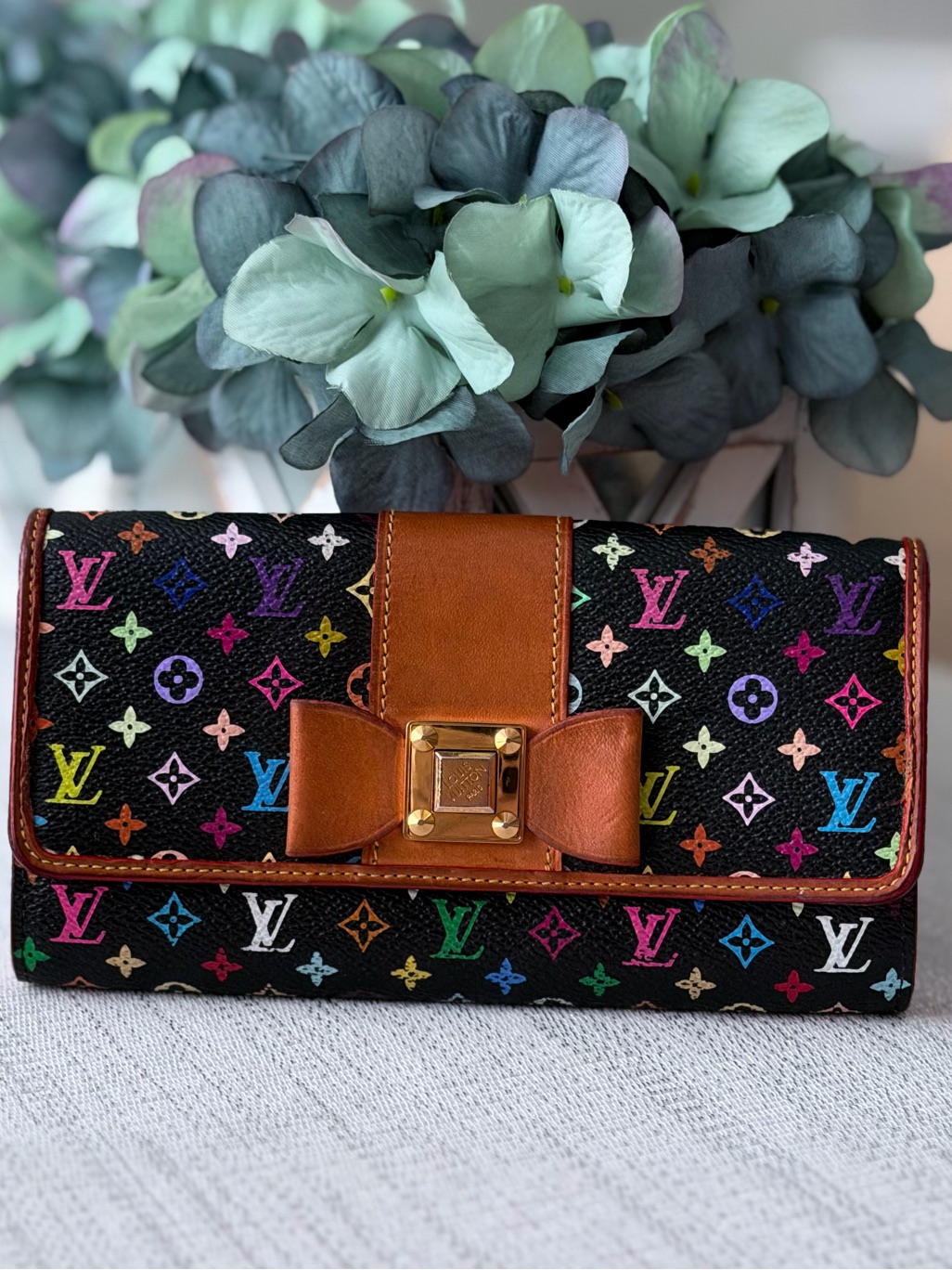 Louis Vuitton Black Multicolor Monogram Sarah Noeud Wallet With Bow Leather Trim